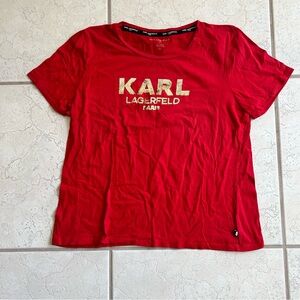 Karl Lagerfeld Women's Short Sleeve T-Shirt Red Sequined Logo Size Large